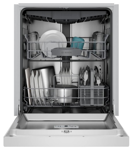 Bosch dishwasher open with racks loaded