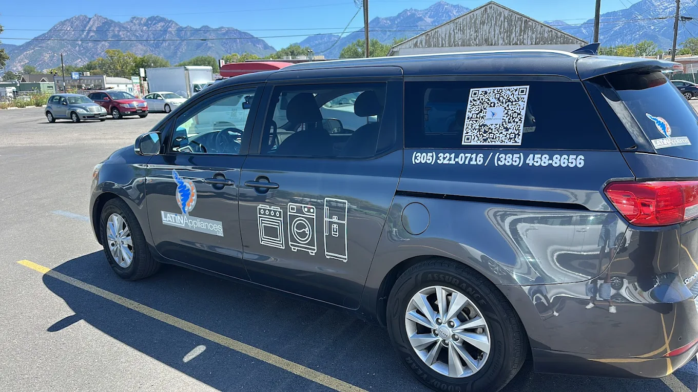 Latin Appliances service van with QR code in Salt Lake City